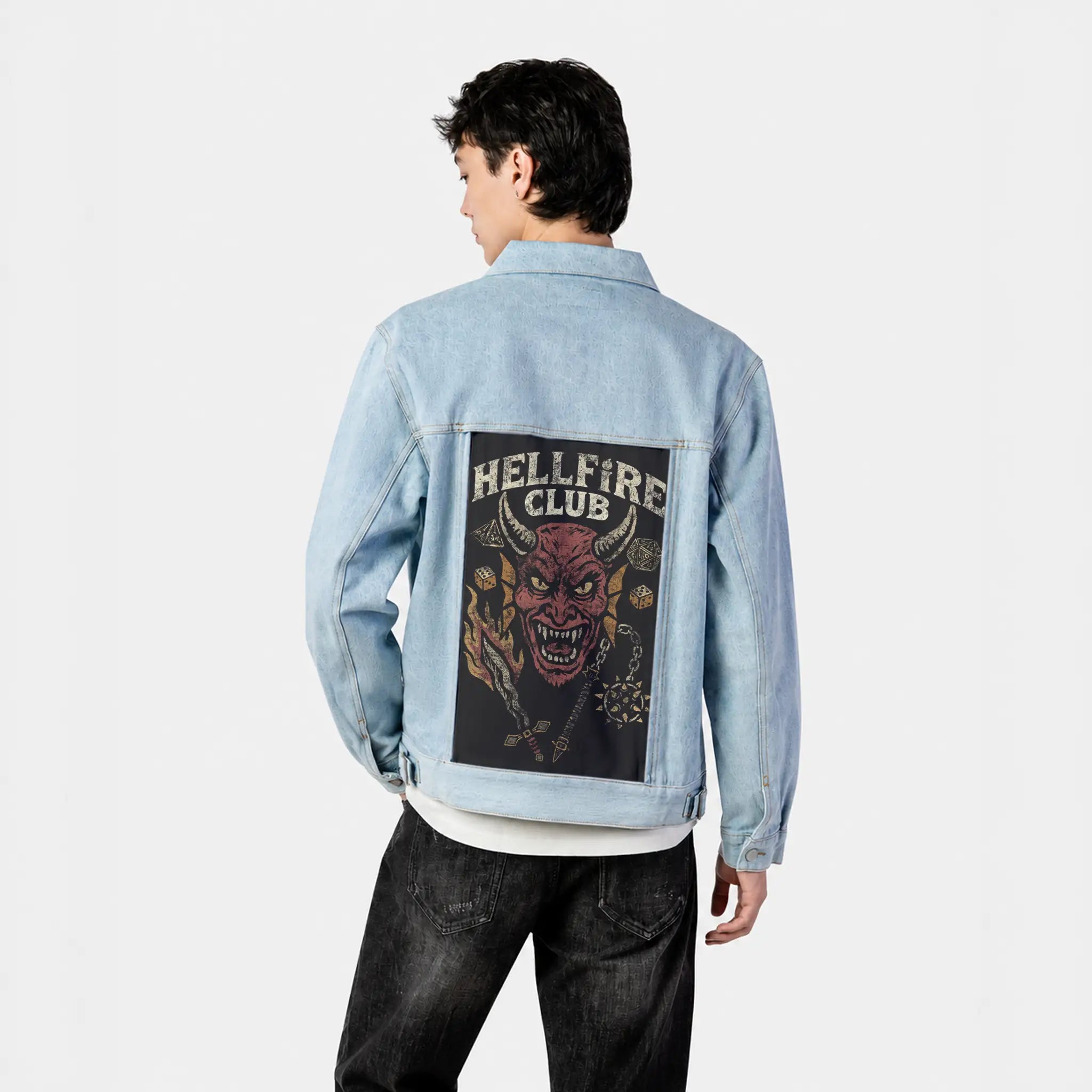 hellfireclub patch on male og denim jacket in oceanside