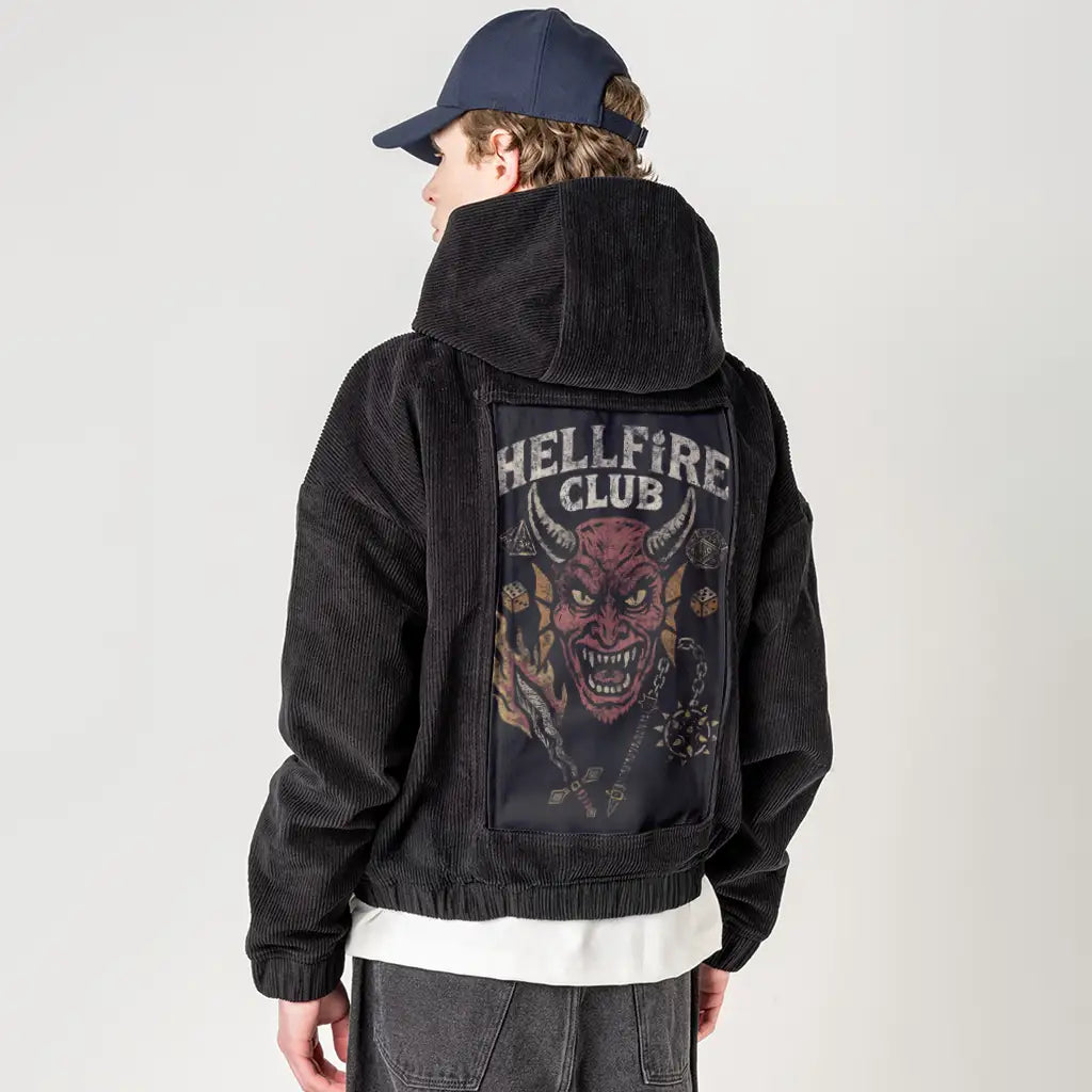 hellfireclub patch on male retro cord hoodie in onyx