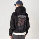 hellfireclub patch on male retro cord hoodie in onyx