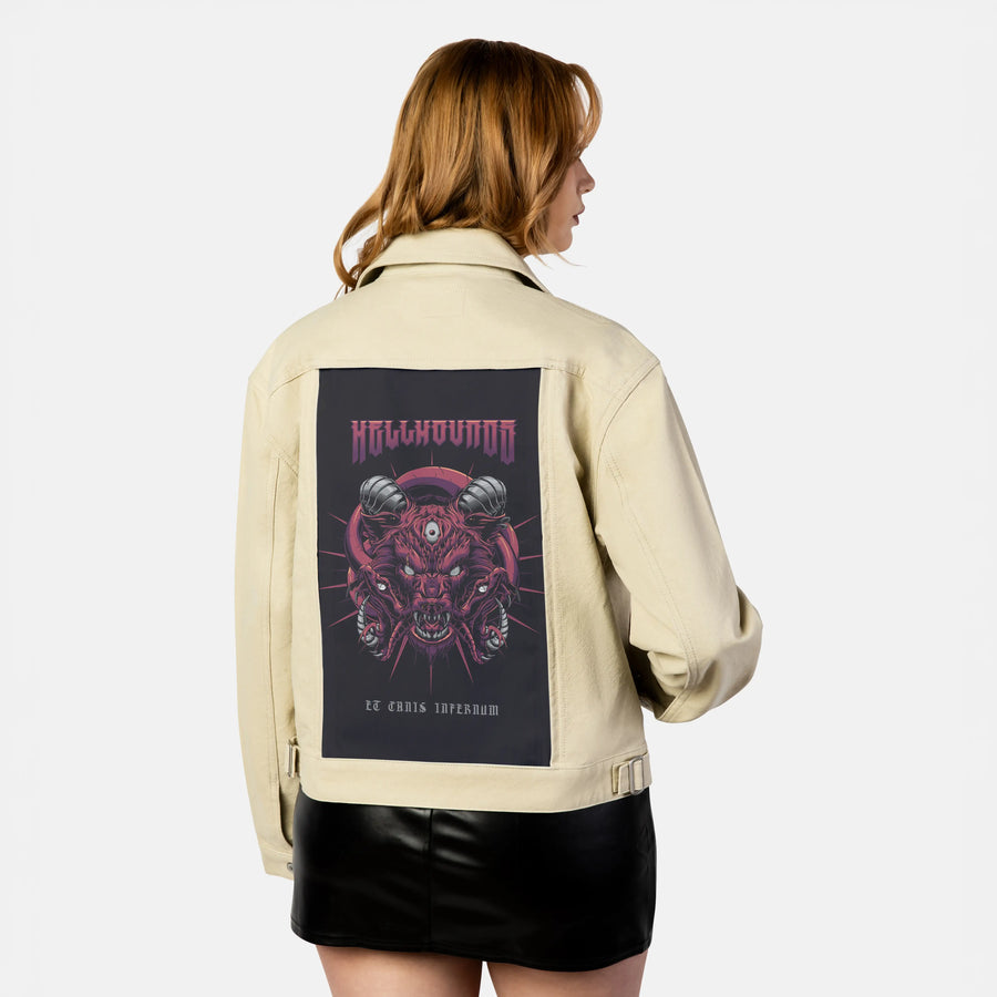 hellhounds patch on female atelier canvas jacket in tan