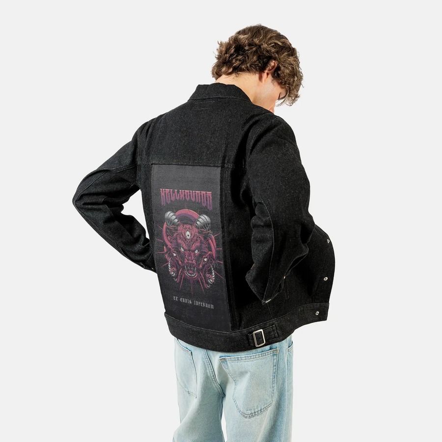 hellhounds patch on male og denim jacket in raven