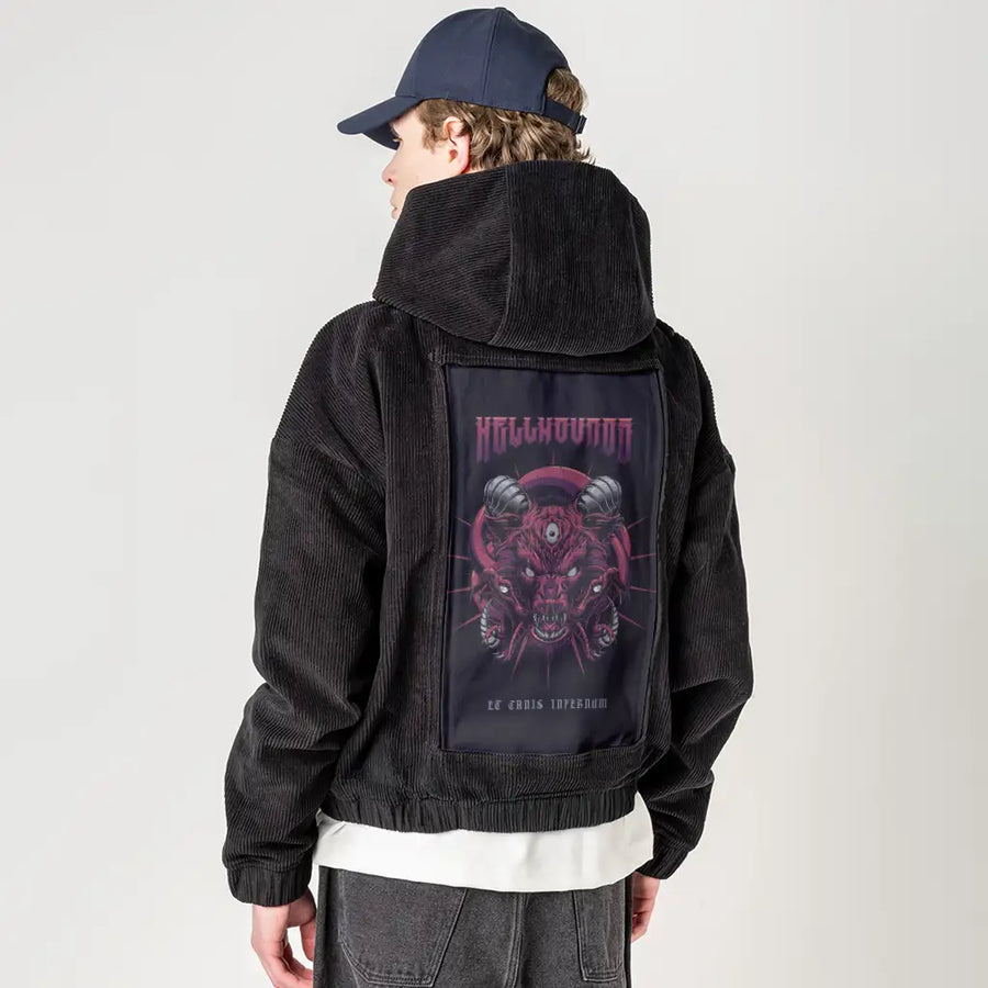 hellhounds patch on male retro cord hoodie in onyx