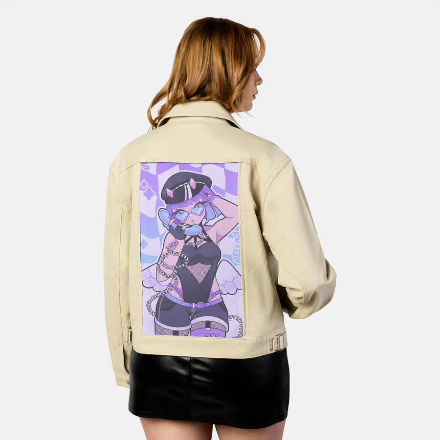 hellohello patch on female atelier canvas jacket in tan