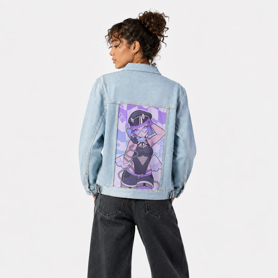 hellohello patch on female og denim jacket in oceanside