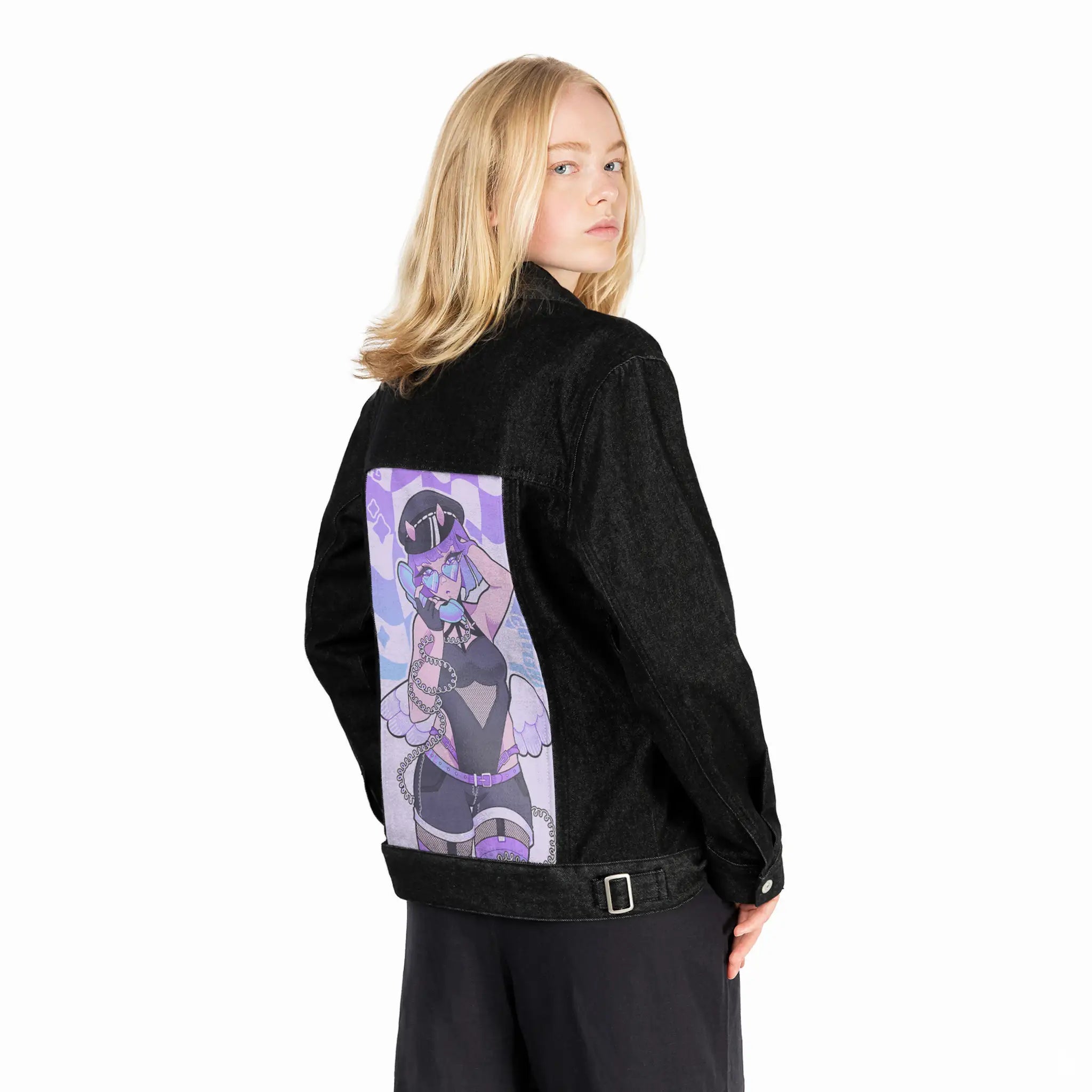 hellohello patch on female og denim jacket in raven
