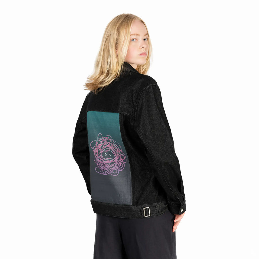 hidden patch on female og denim jacket in raven