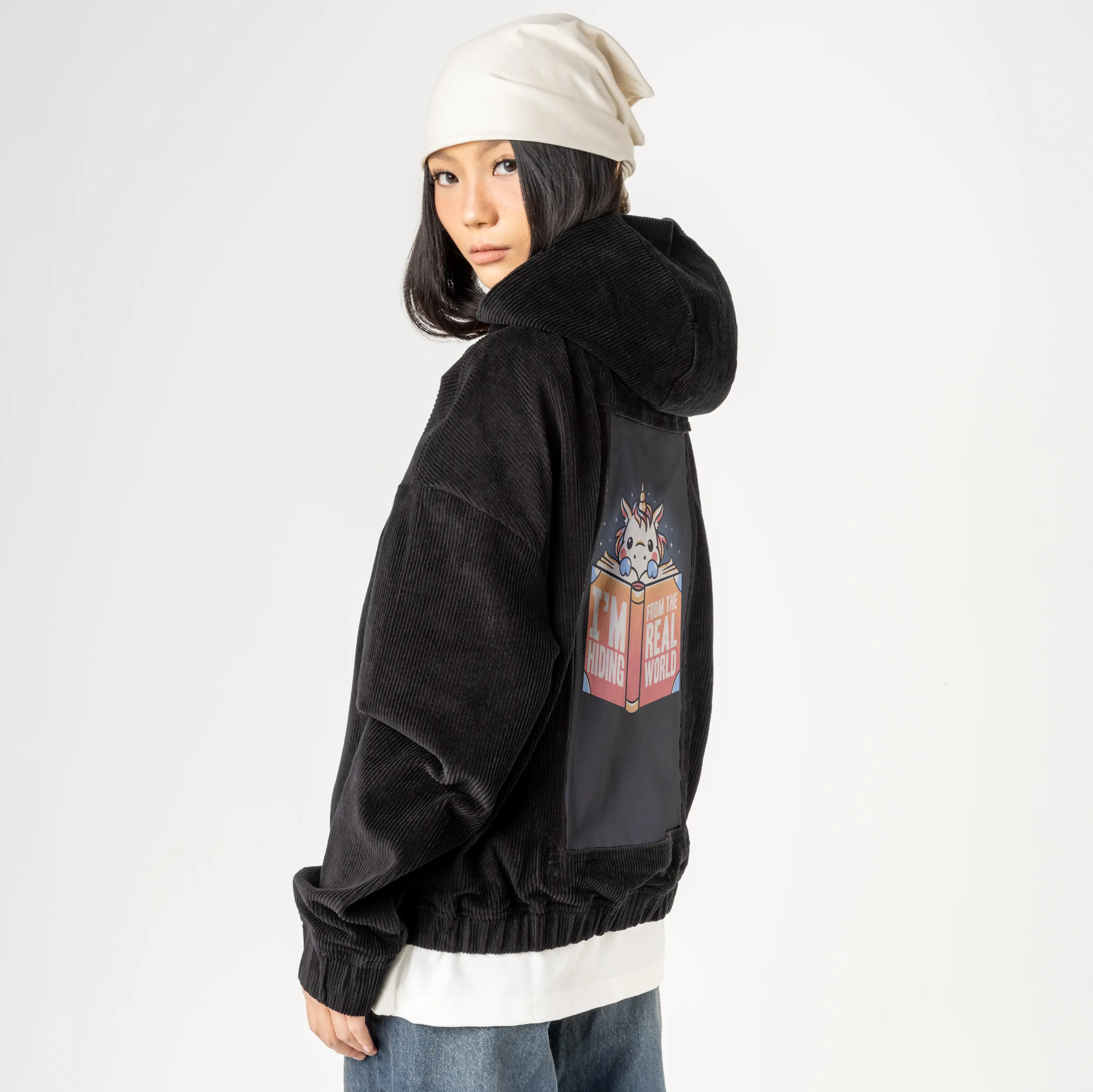 hidingfromtherealworld patch on female retro cord hoodie in onyx