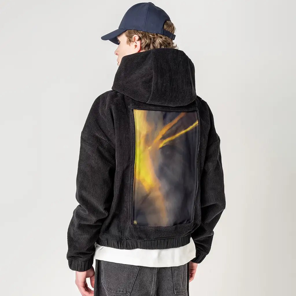 hisessence patch on male retro cord hoodie in onyx