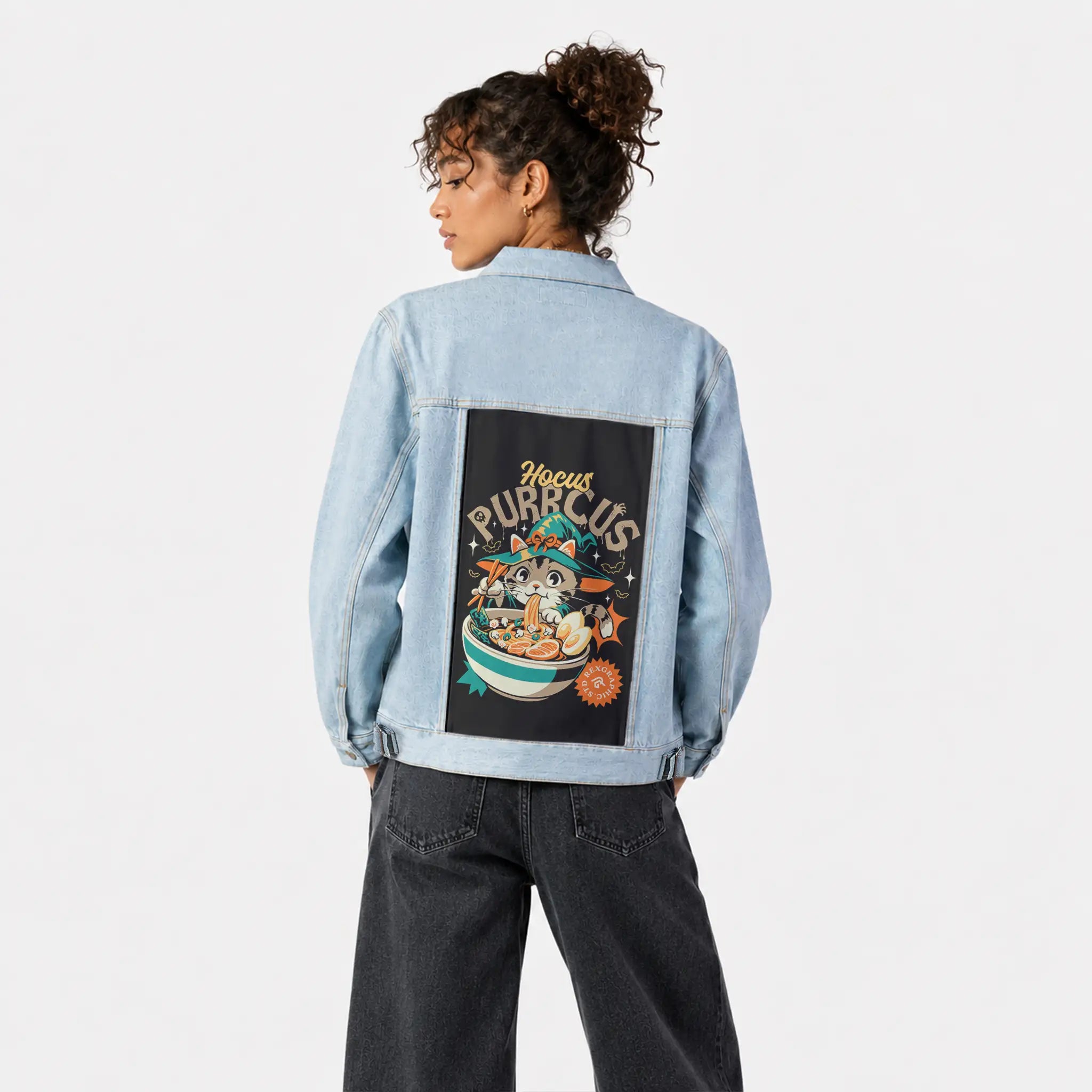 hocuspurrcus patch on female og denim jacket in oceanside