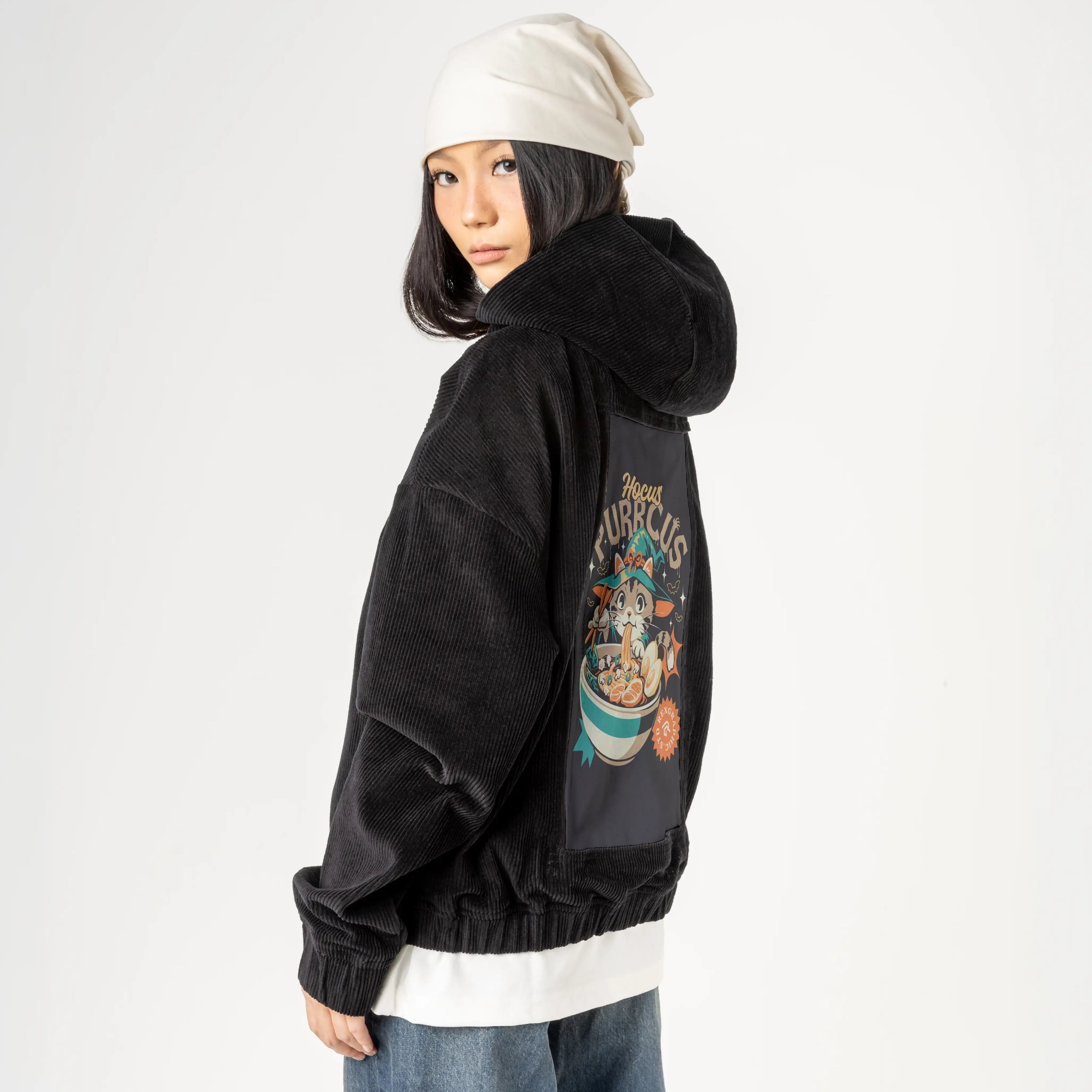 hocuspurrcus patch on female retro cord hoodie in onyx