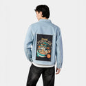 hocuspurrcus patch on male og denim jacket in oceanside