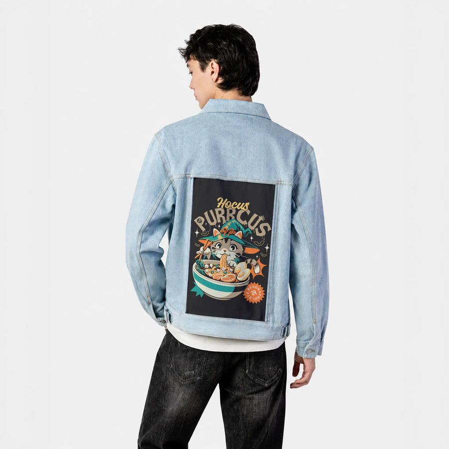 hocuspurrcus patch on male og denim jacket in oceanside