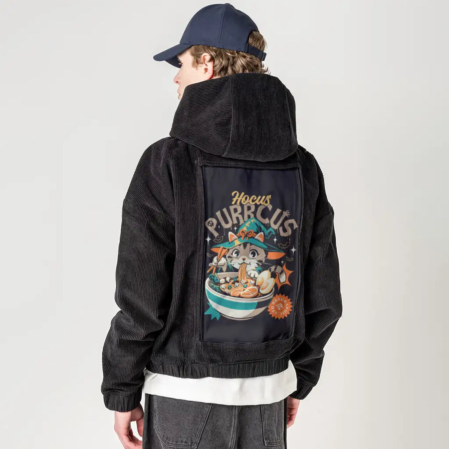 hocuspurrcus patch on male retro cord hoodie in onyx