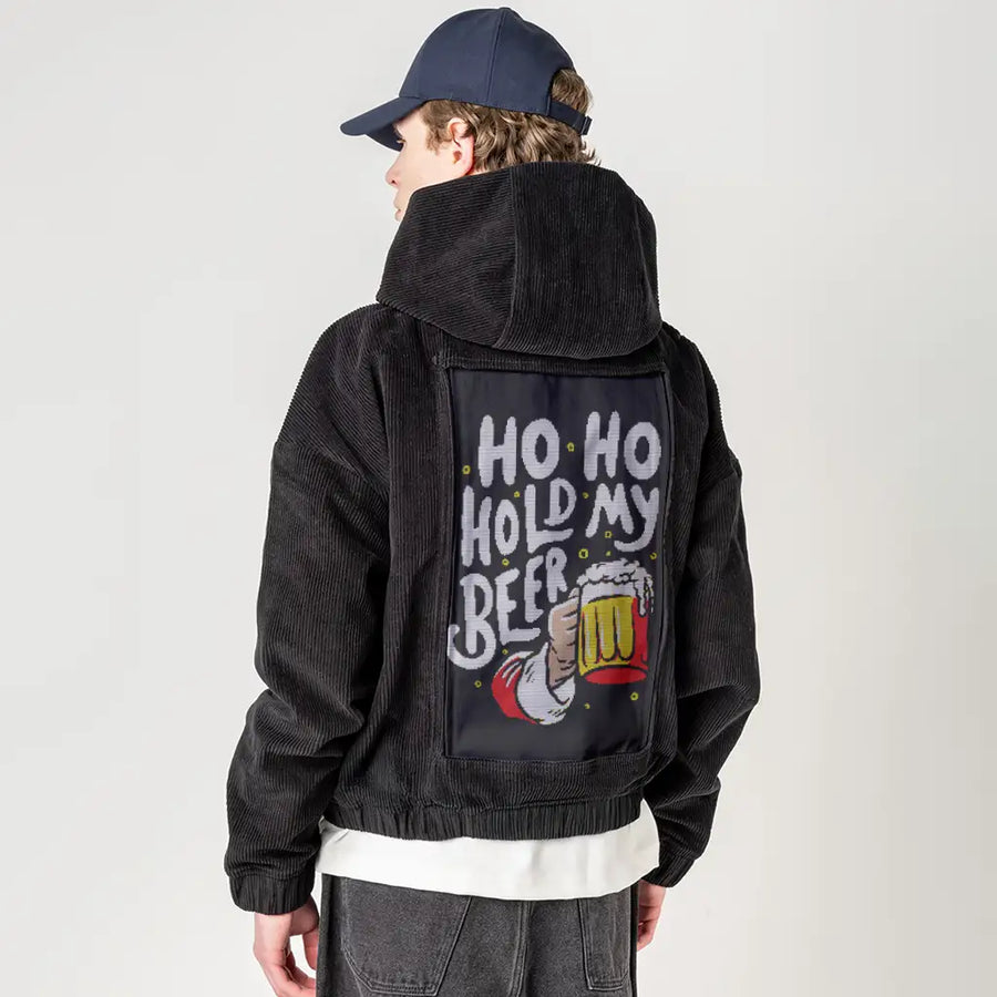 hohoholdmybeer patch on male retro cord hoodie in onyx