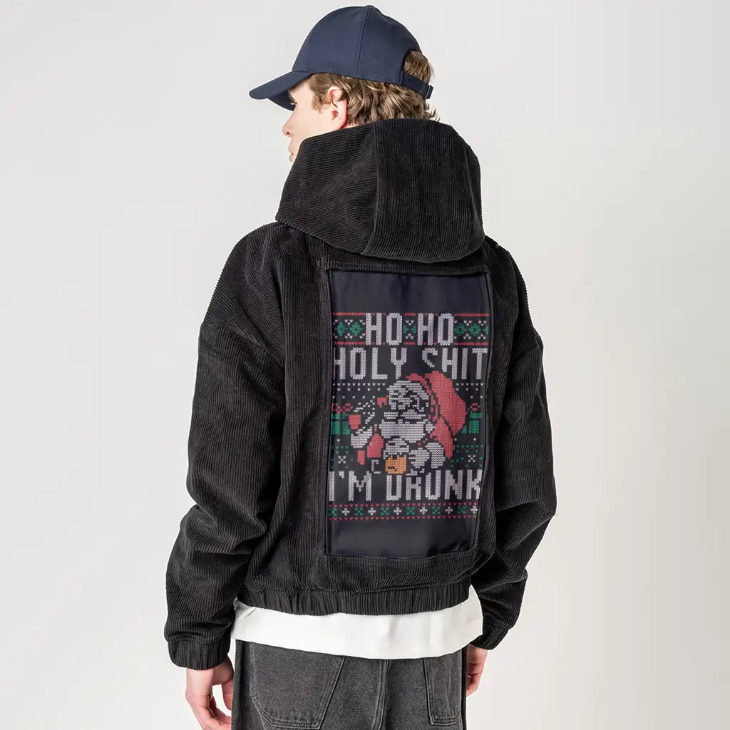 hohoholydrunk patch on male retro cord hoodie in onyx
