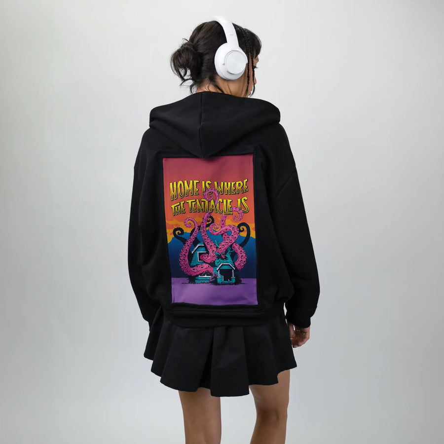 homeiswherethetentacleis patch on female essential zip hoodie in after hours