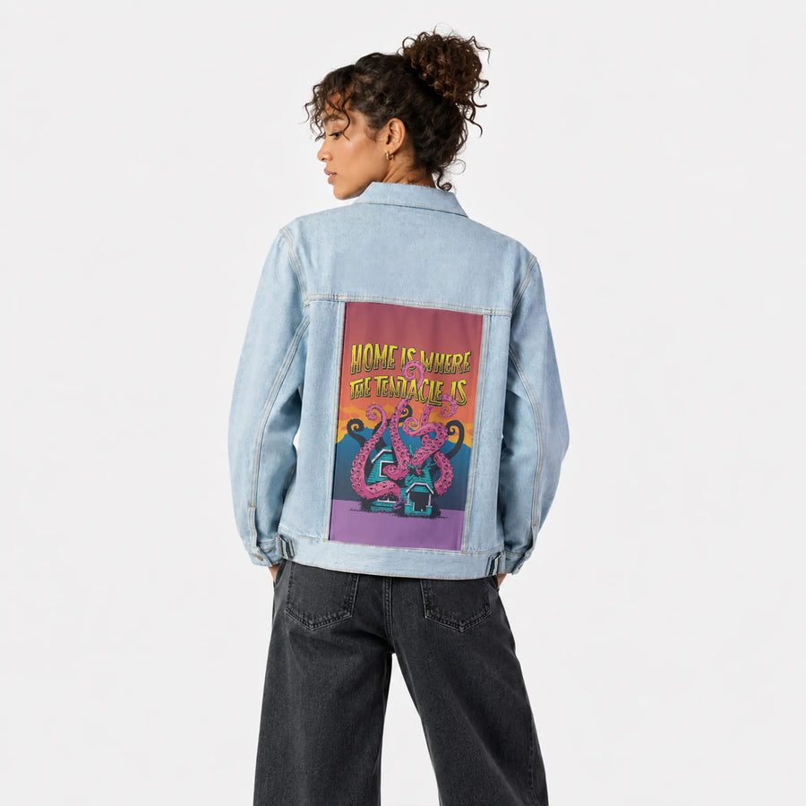 homeiswherethetentacleis patch on female og denim jacket in oceanside