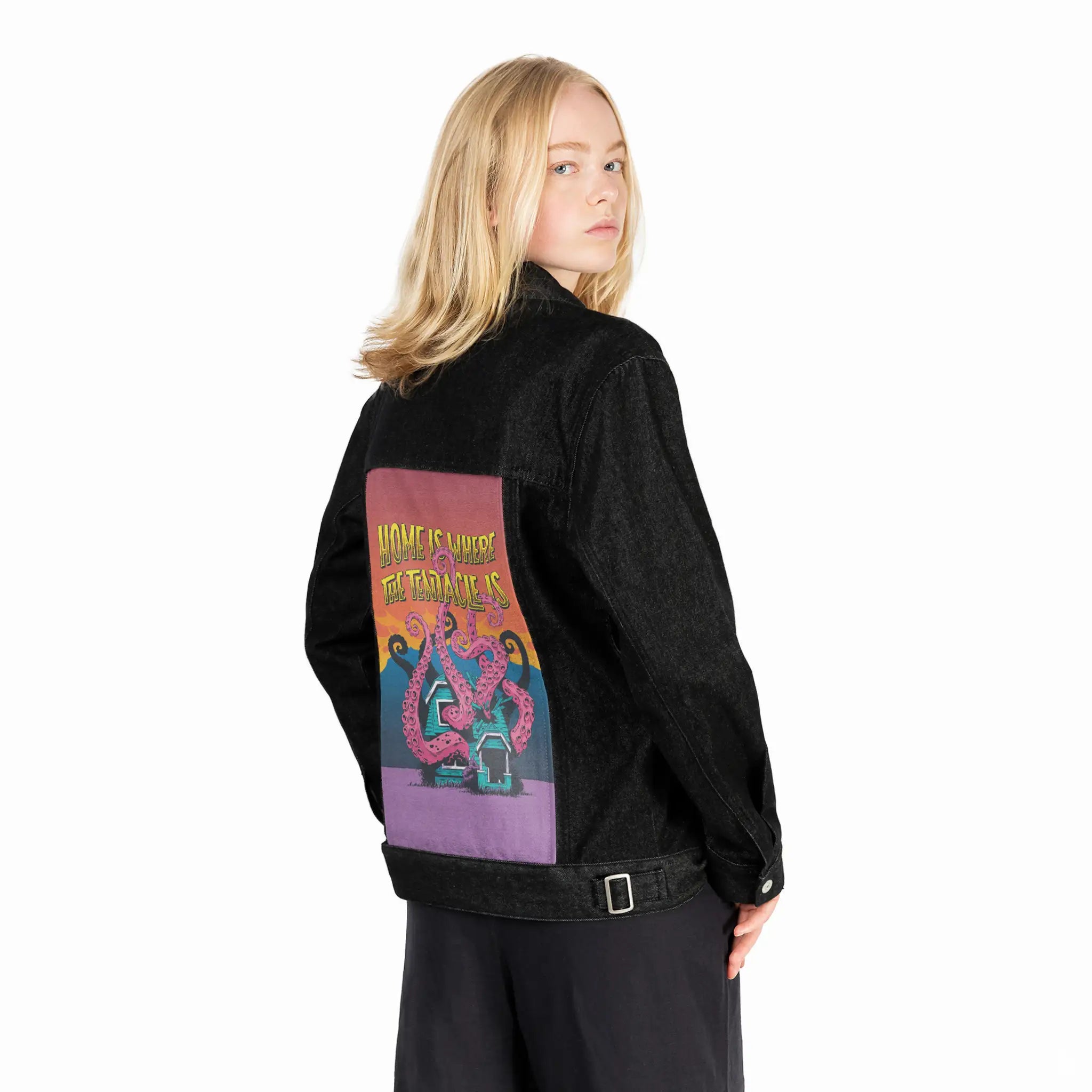 homeiswherethetentacleis patch on female og denim jacket in raven