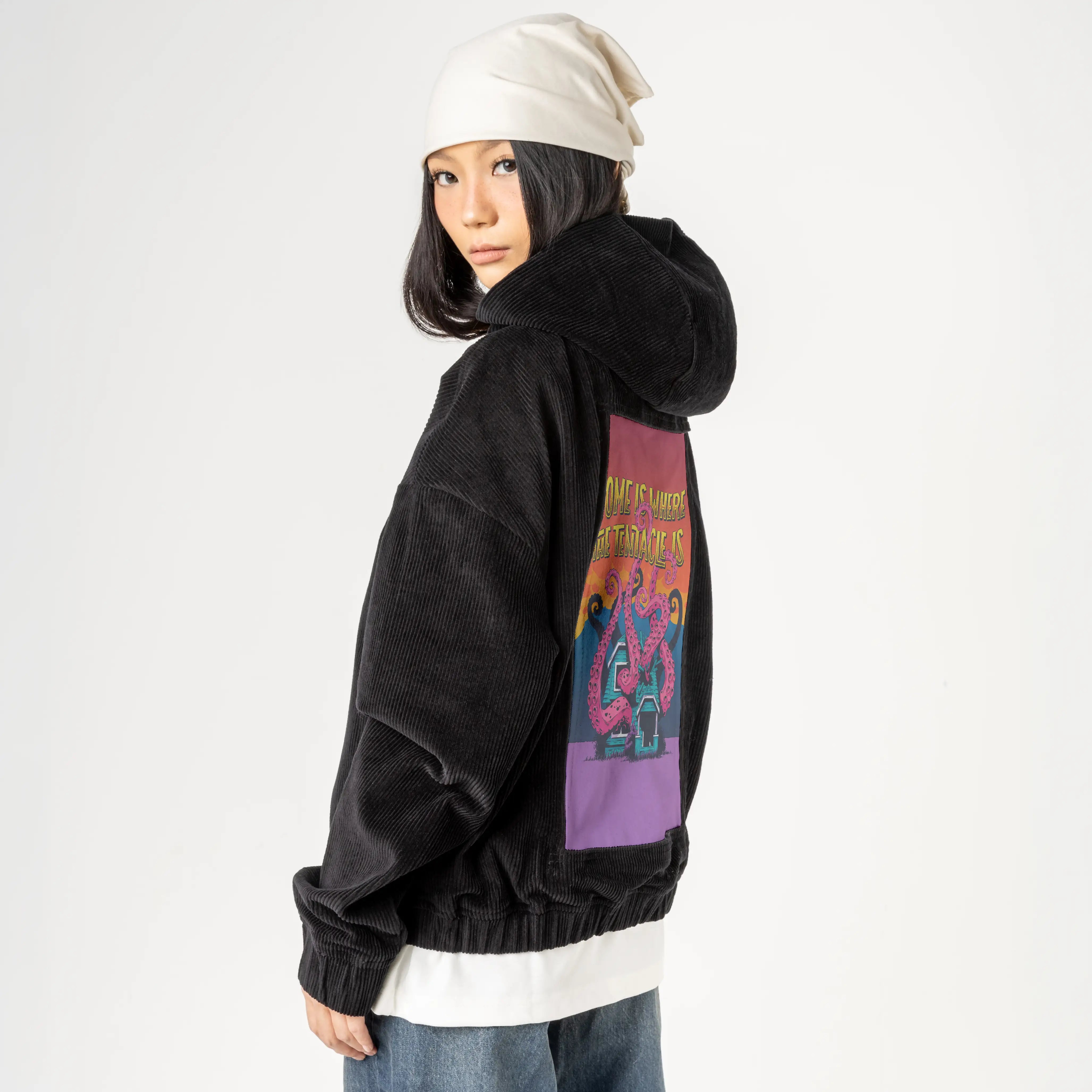 homeiswherethetentacleis patch on female retro cord hoodie in onyx