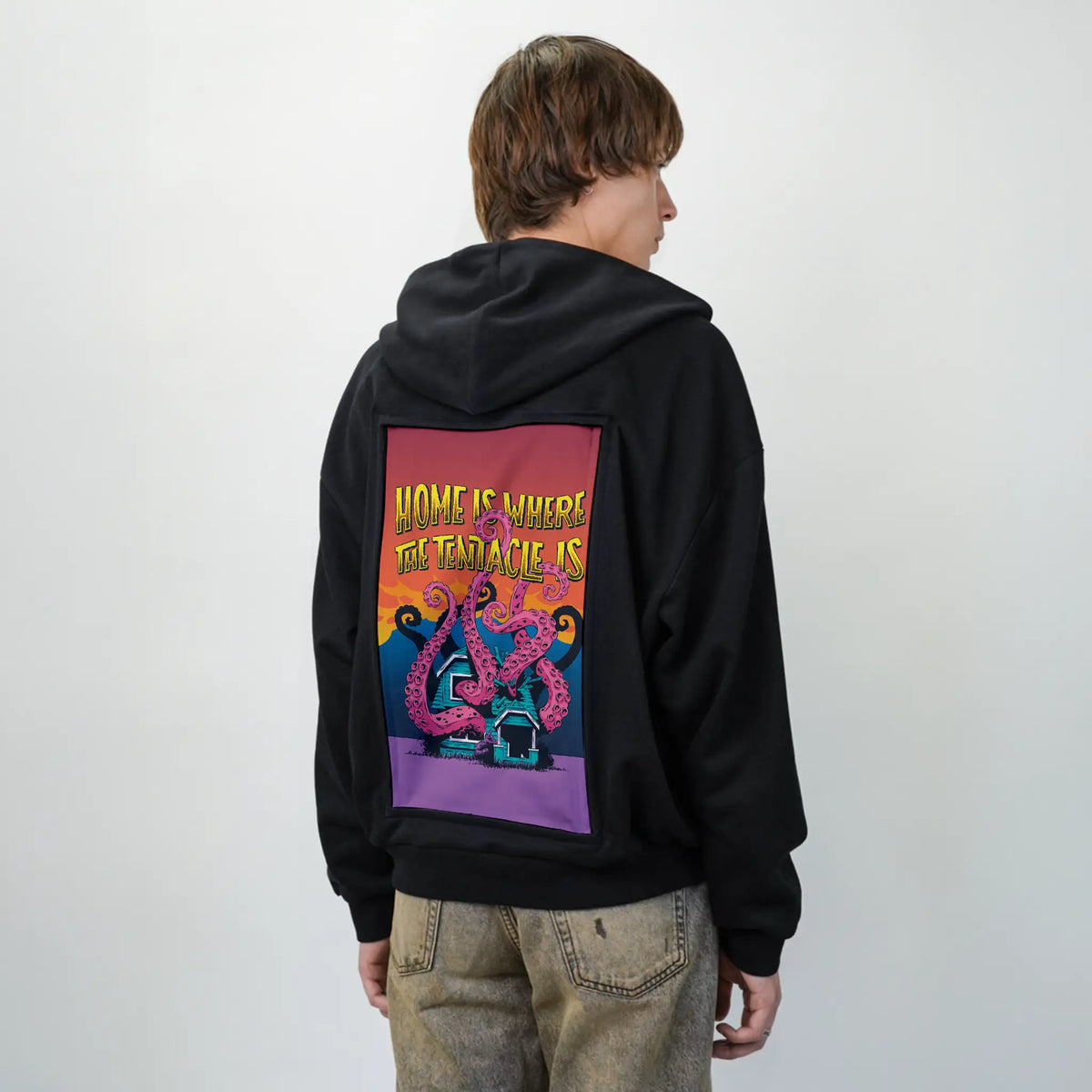 homeiswherethetentacleis patch on male essential zip hoodie in after hours