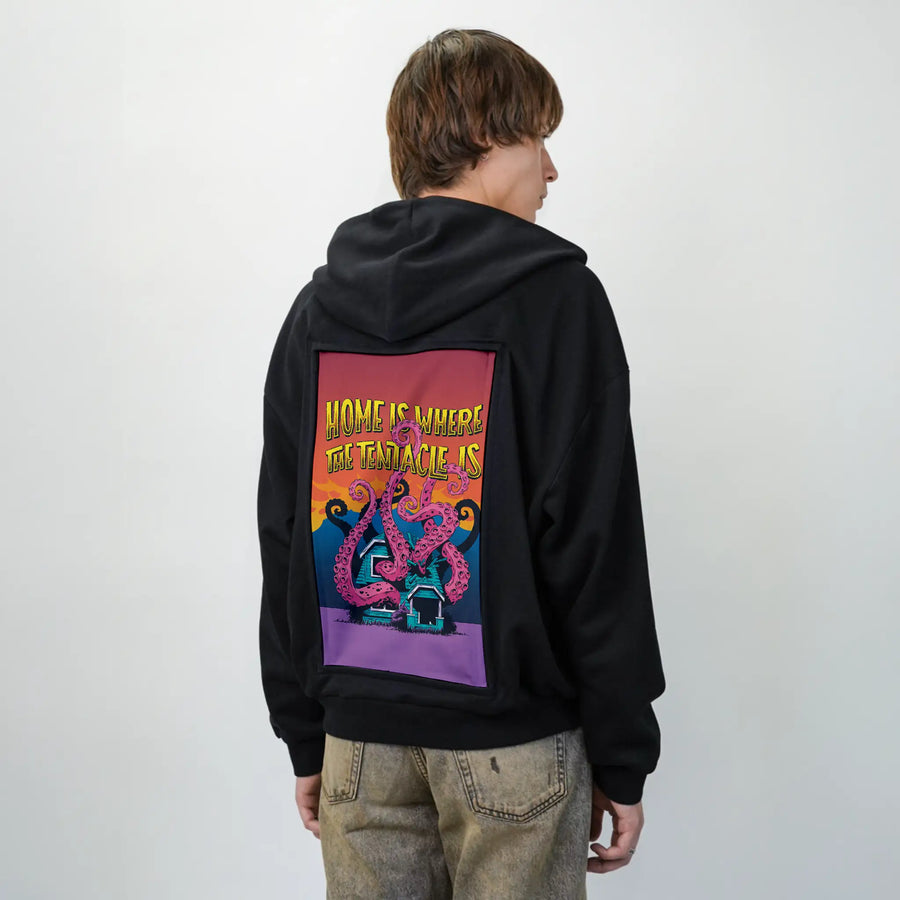 homeiswherethetentacleis patch on male essential zip hoodie in after hours