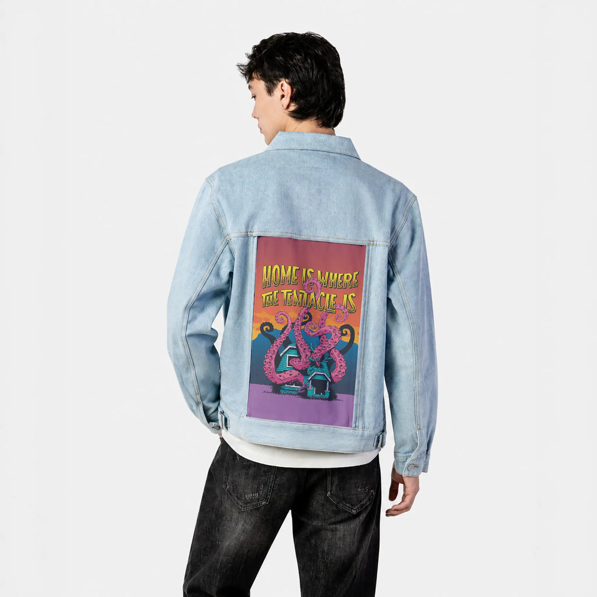 homeiswherethetentacleis patch on male og denim jacket in oceanside