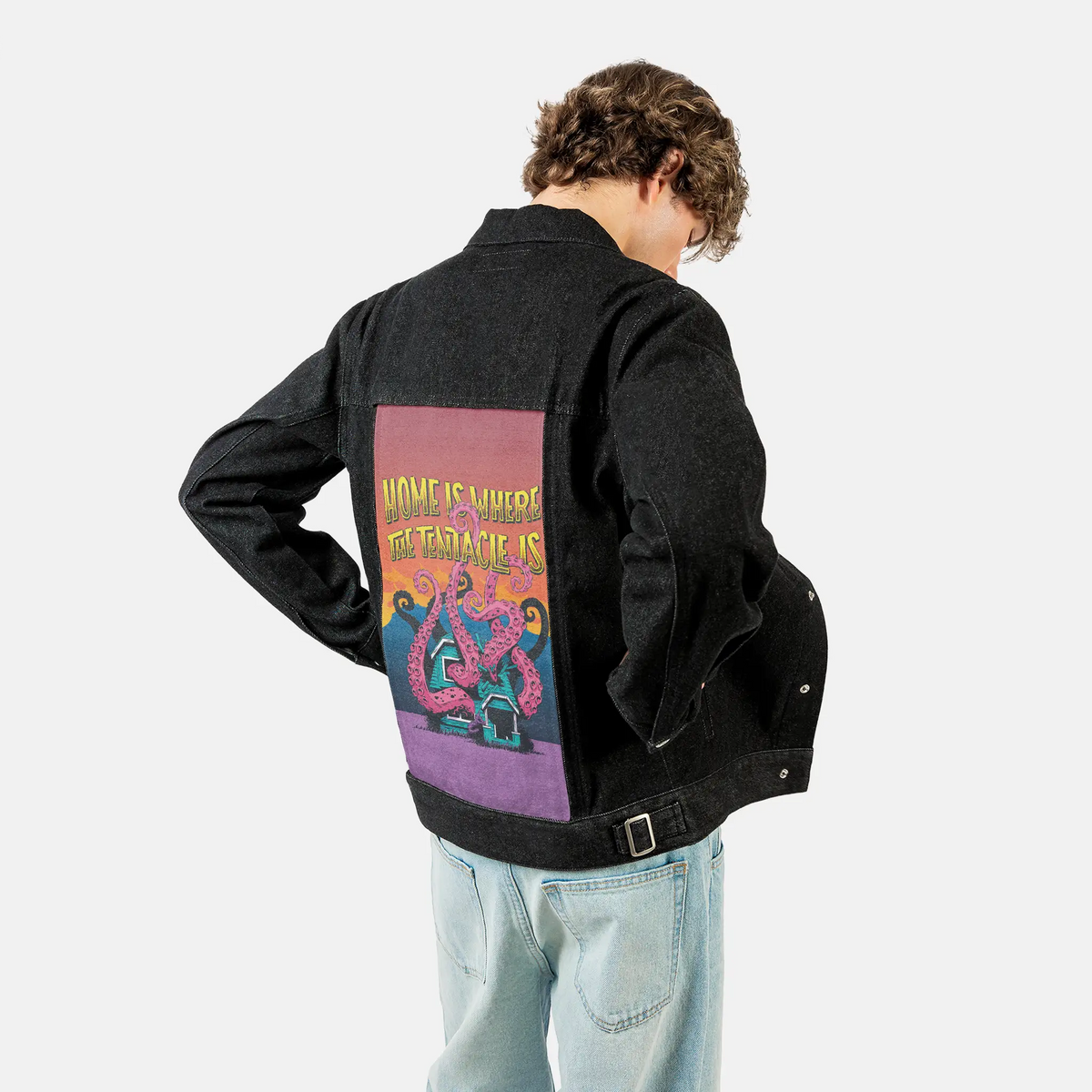 homeiswherethetentacleis patch on male og denim jacket in raven