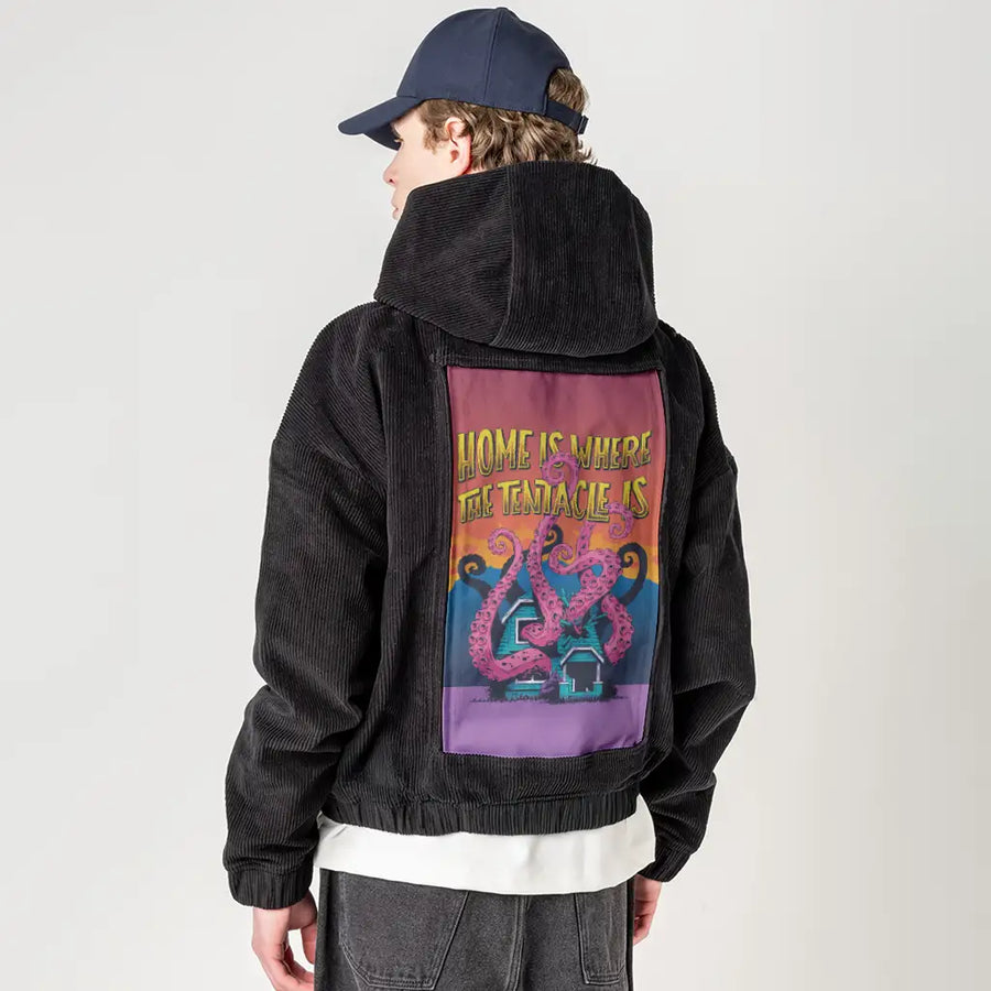 homeiswherethetentacleis patch on male retro cord hoodie in onyx