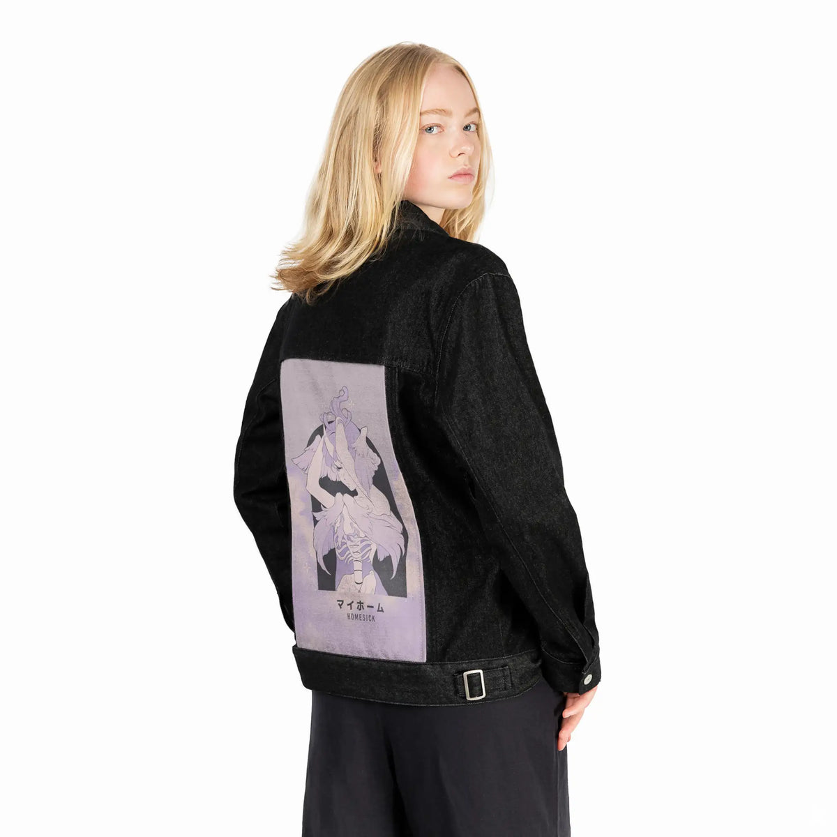 homesick patch on female og denim jacket in raven
