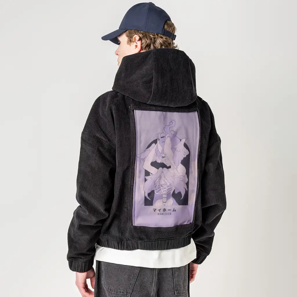 homesick patch on male retro cord hoodie in onyx