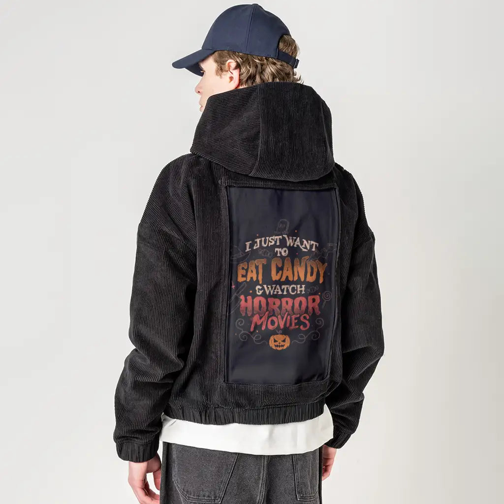 horrorandcandy patch on male retro cord hoodie in onyx