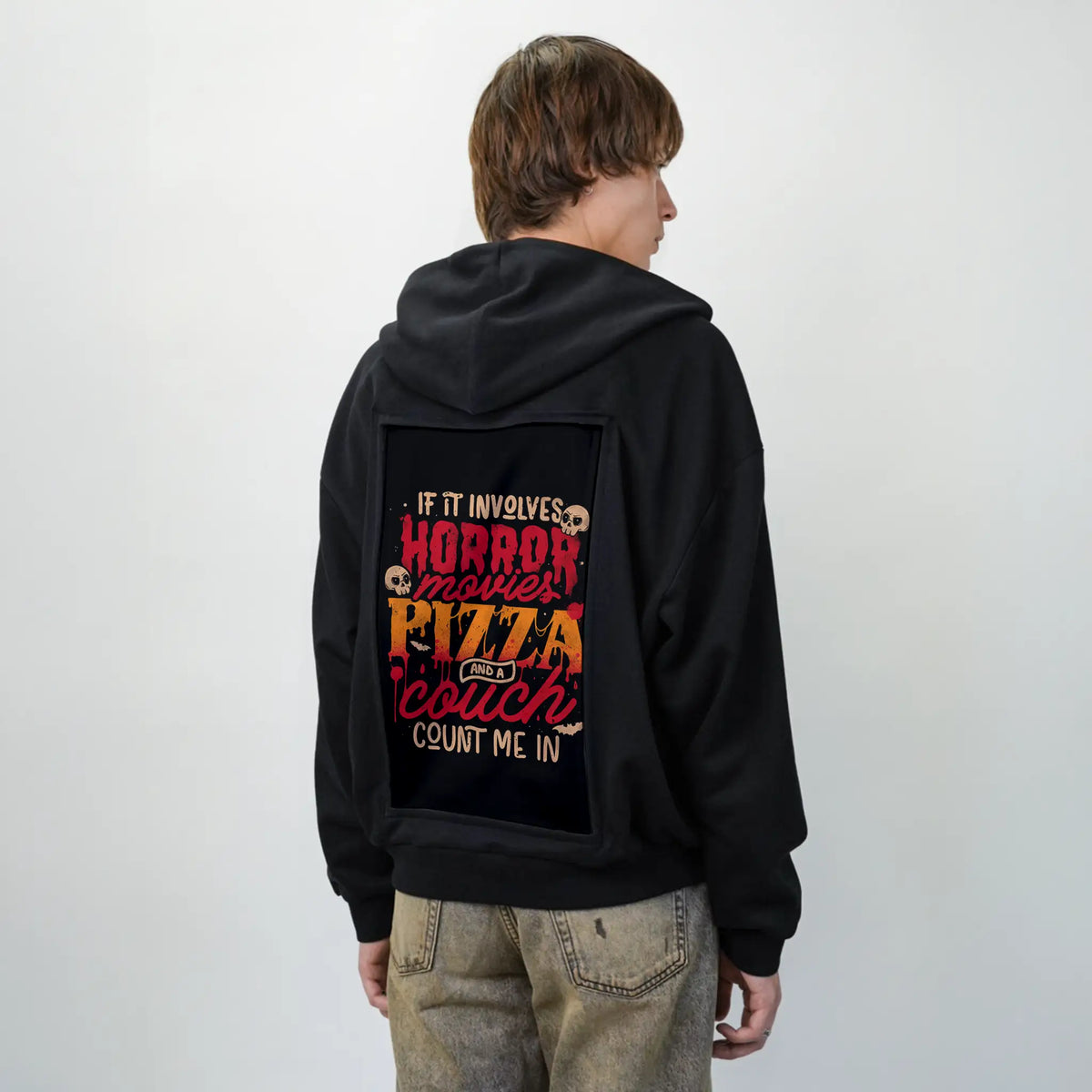 horrorpizzacouch patch on male essential zip hoodie in after hours