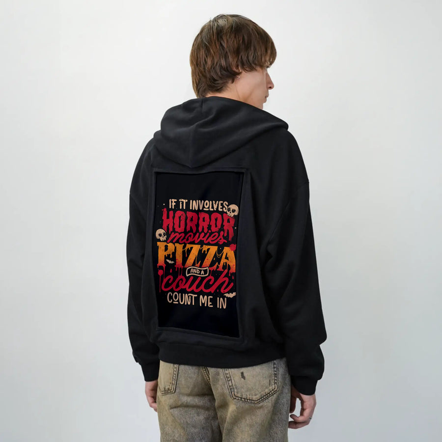 horrorpizzacouch patch on male essential zip hoodie in after hours