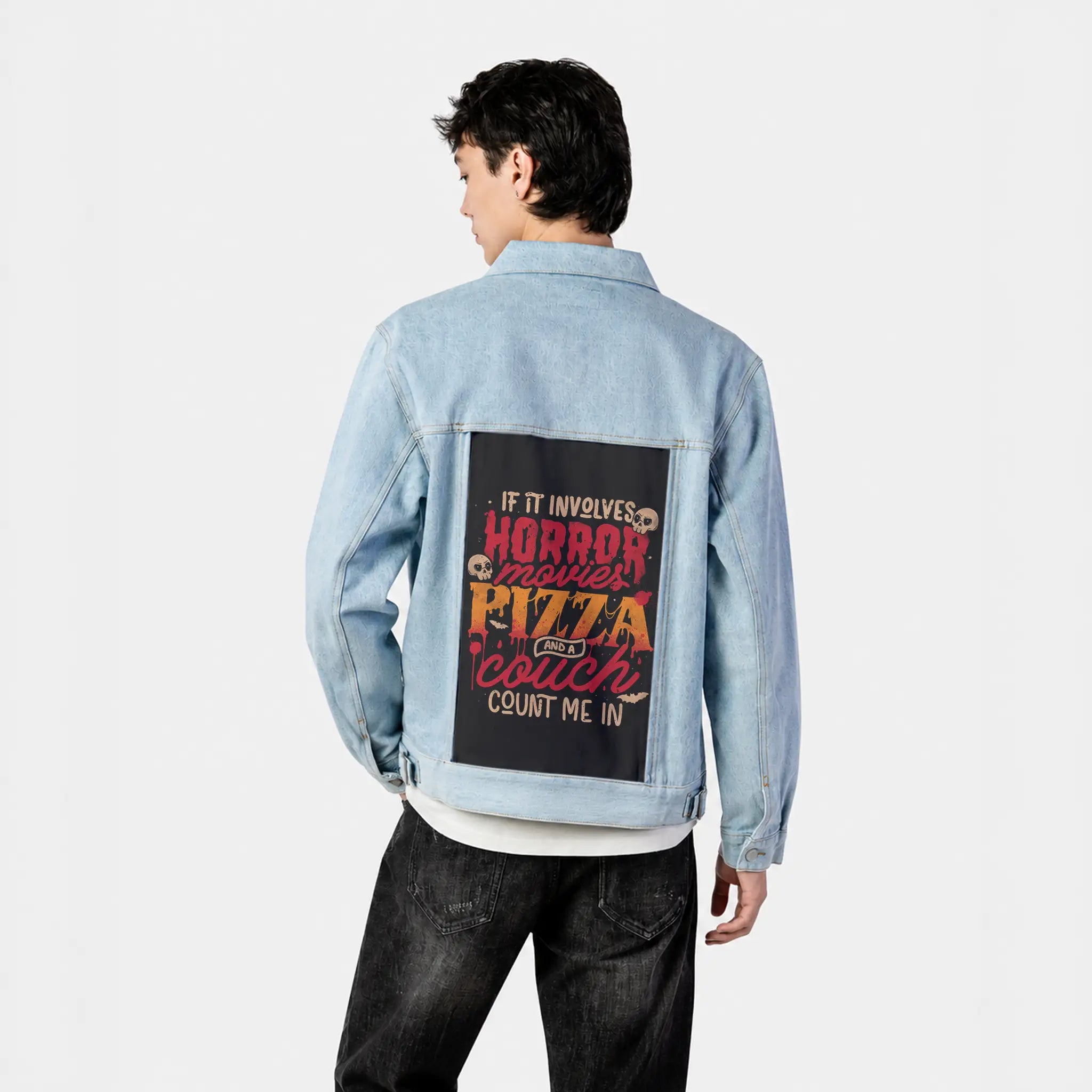 horrorpizzacouch patch on male og denim jacket in oceanside