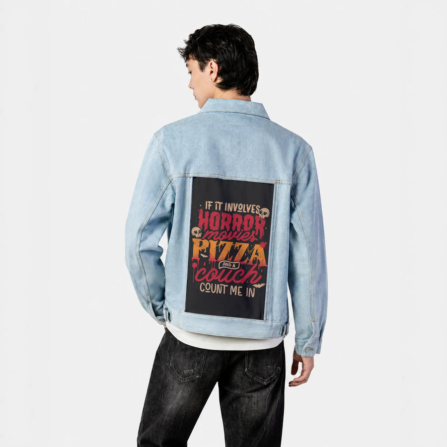 horrorpizzacouch patch on male og denim jacket in oceanside