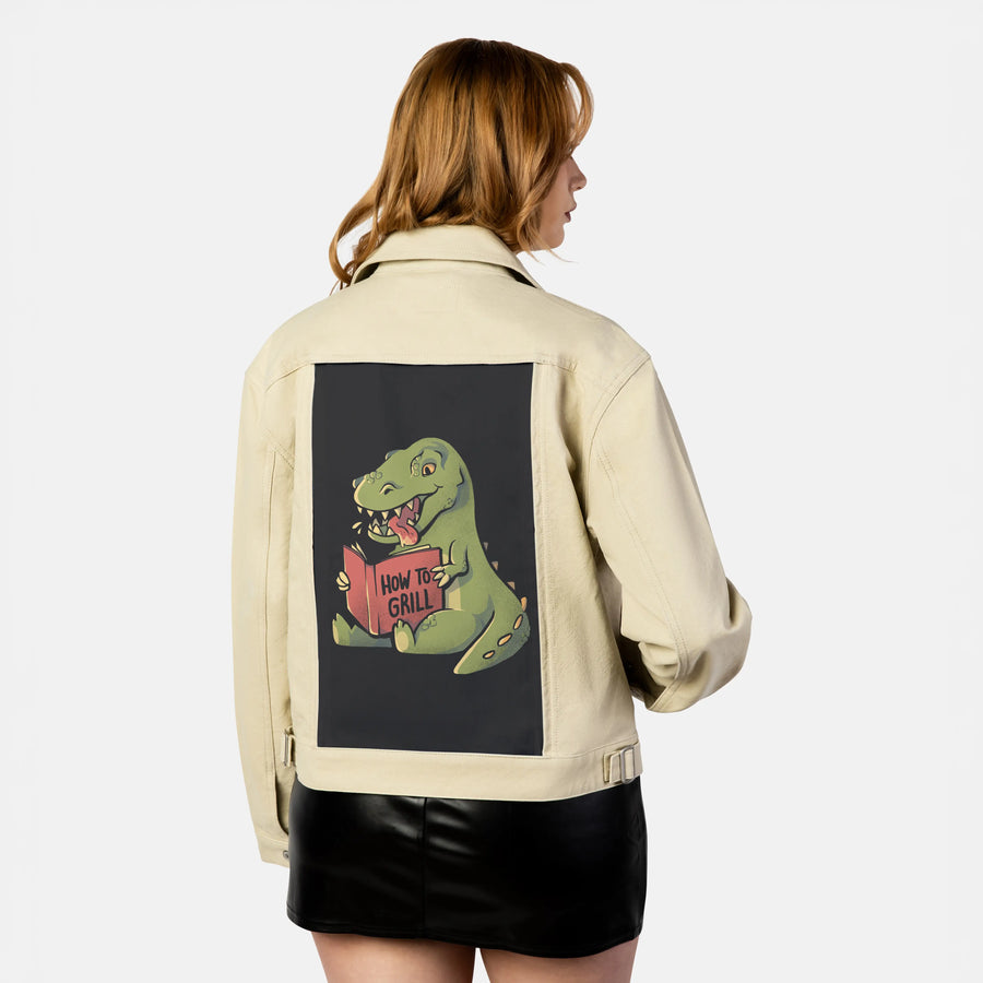 howtogrill patch on female atelier canvas jacket in tan