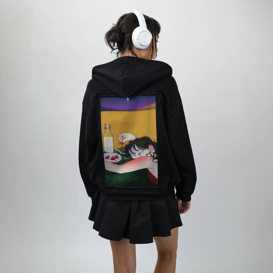 hungover patch on female essential zip hoodie in after hours