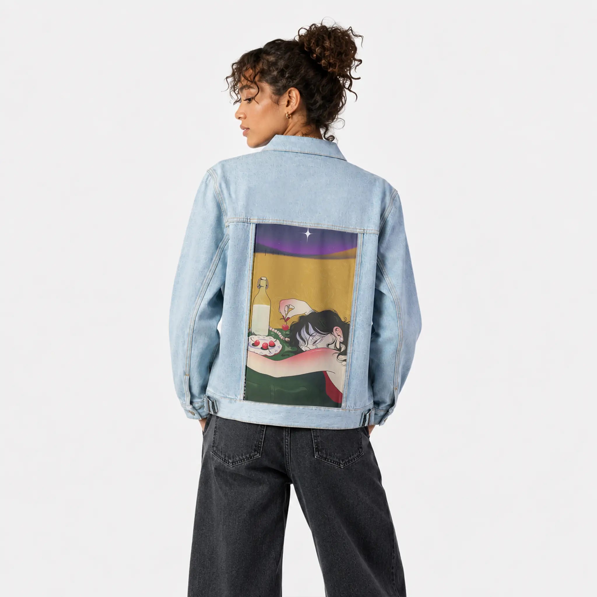 hungover patch on female og denim jacket in oceanside