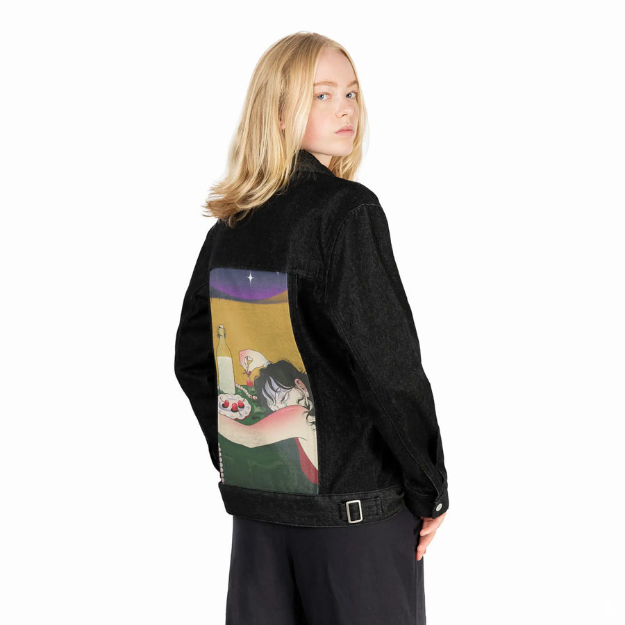 hungover patch on female og denim jacket in raven
