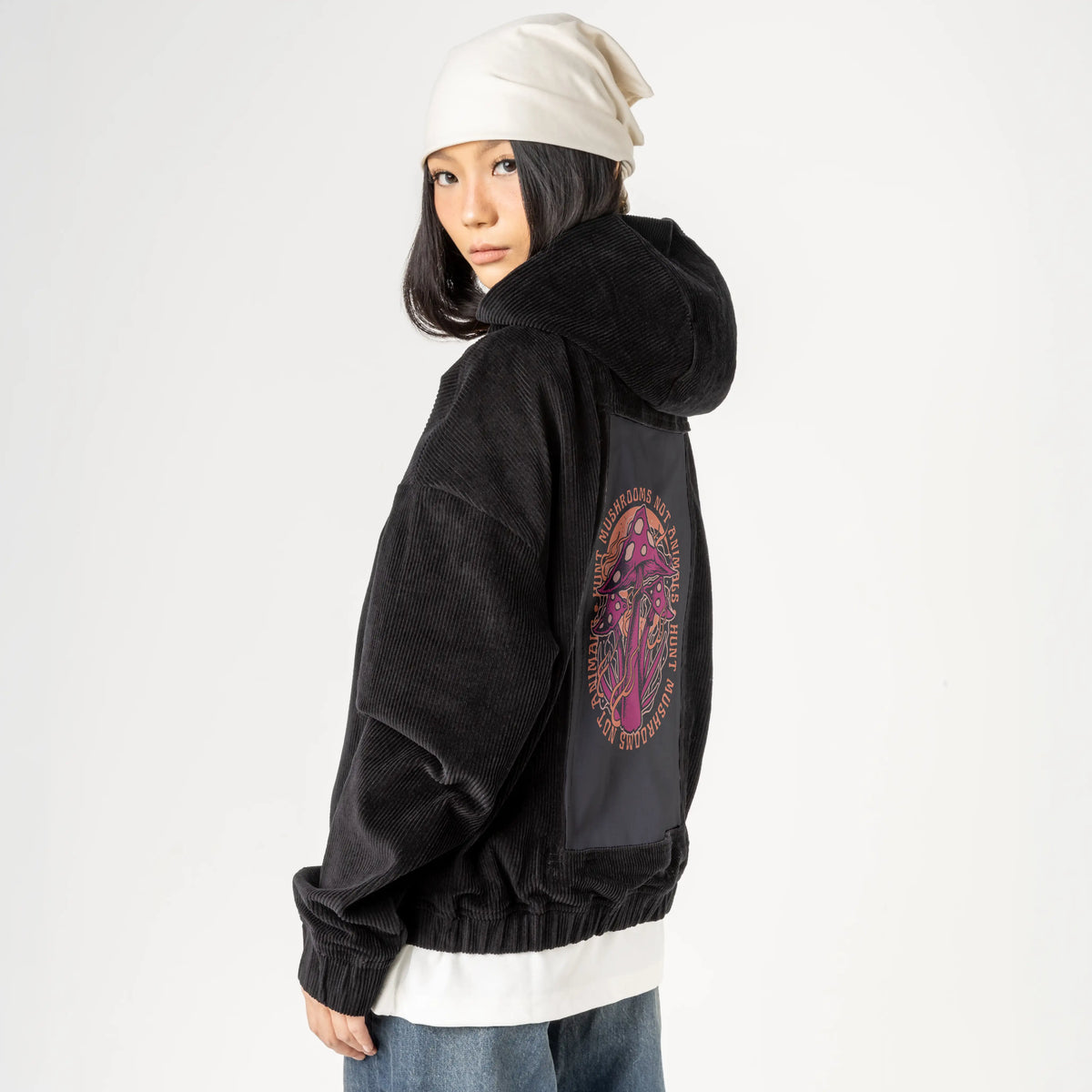 huntmushrooms patch on female retro cord hoodie in onyx