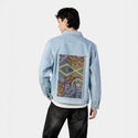 hypertapestry patch on male og denim jacket in oceanside