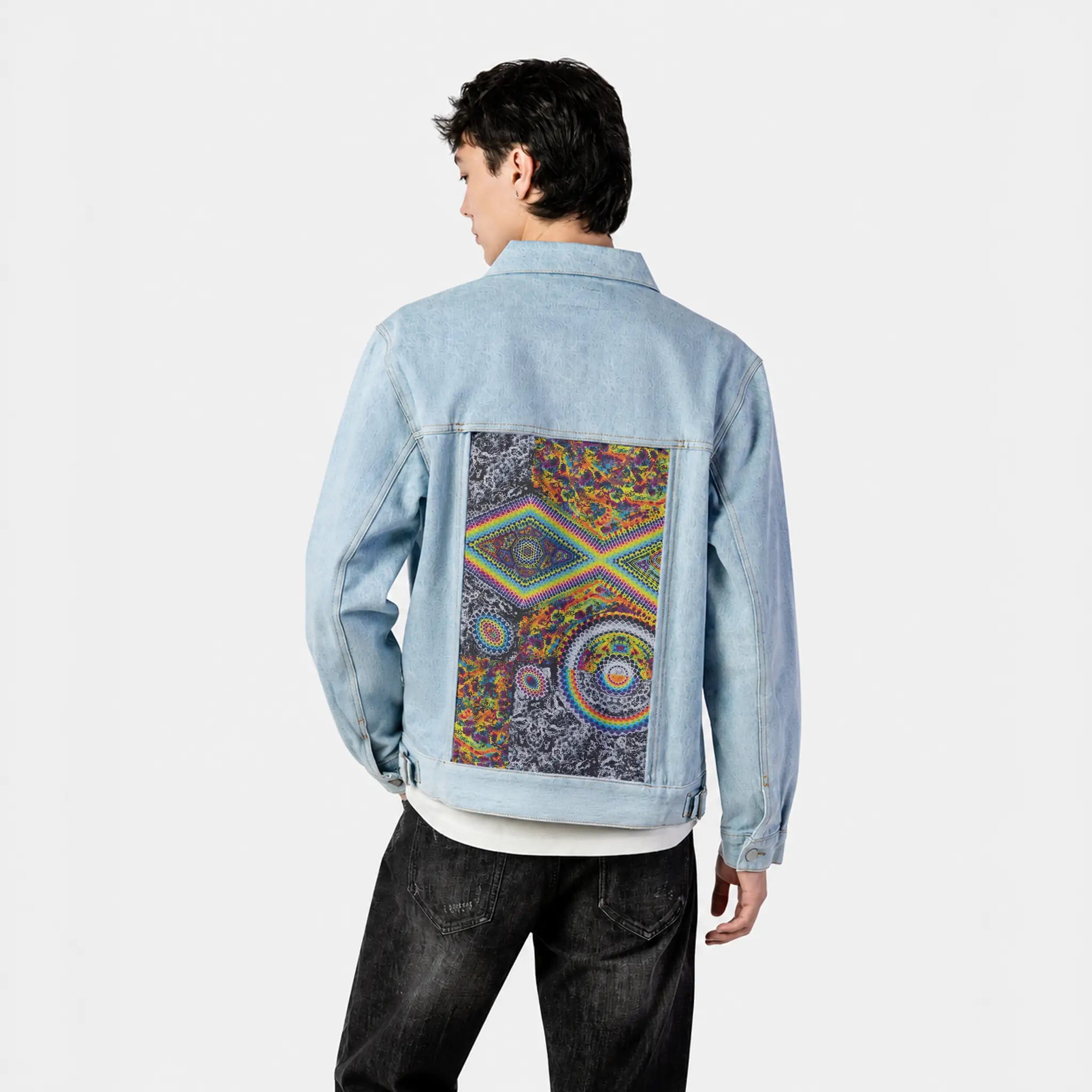 hypertapestry patch on male og denim jacket in oceanside