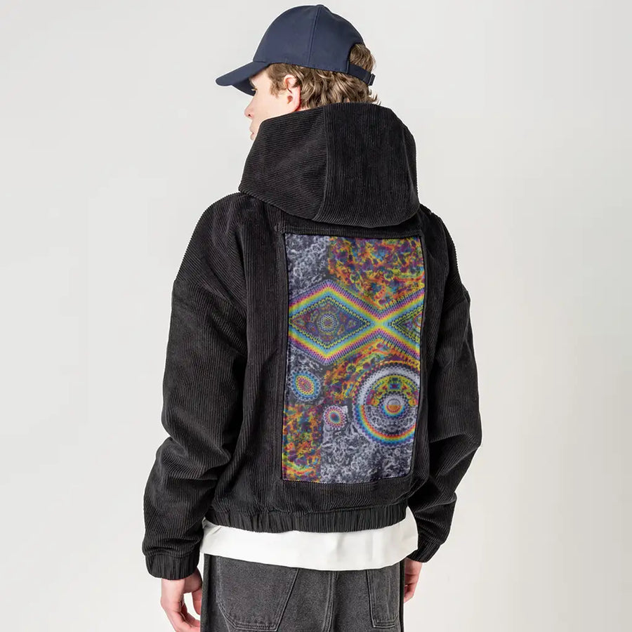 hypertapestry patch on male retro cord hoodie in onyx