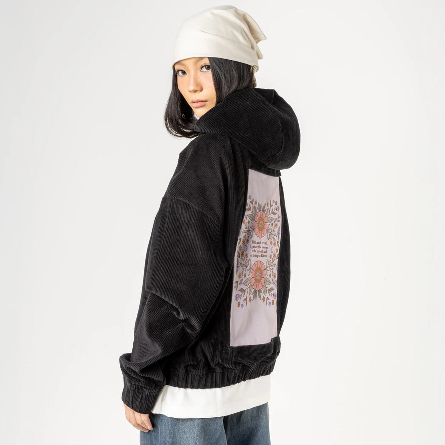 ibloom patch on female retro cord hoodie in onyx