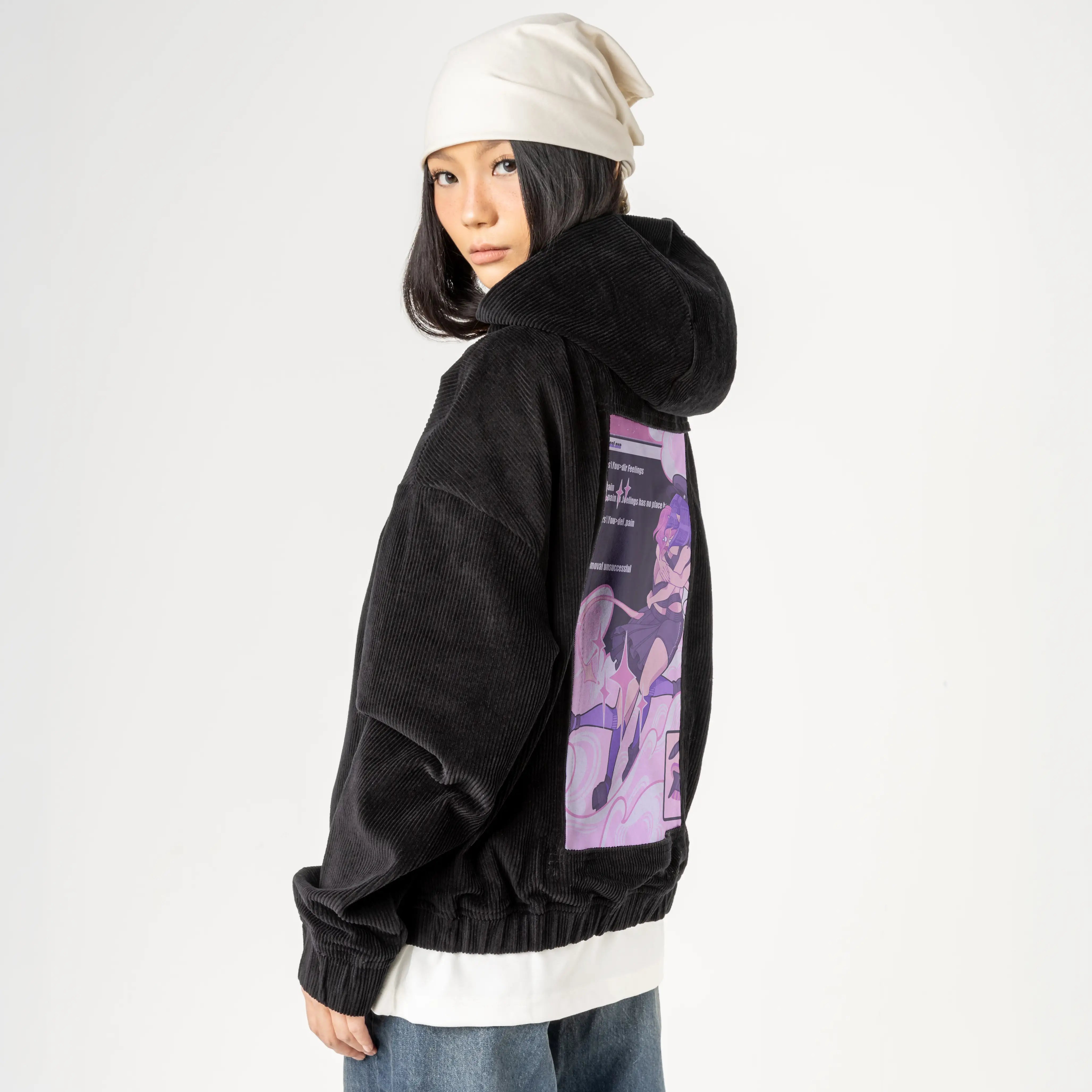 ihatetoseeyoucry patch on female retro cord hoodie in onyx