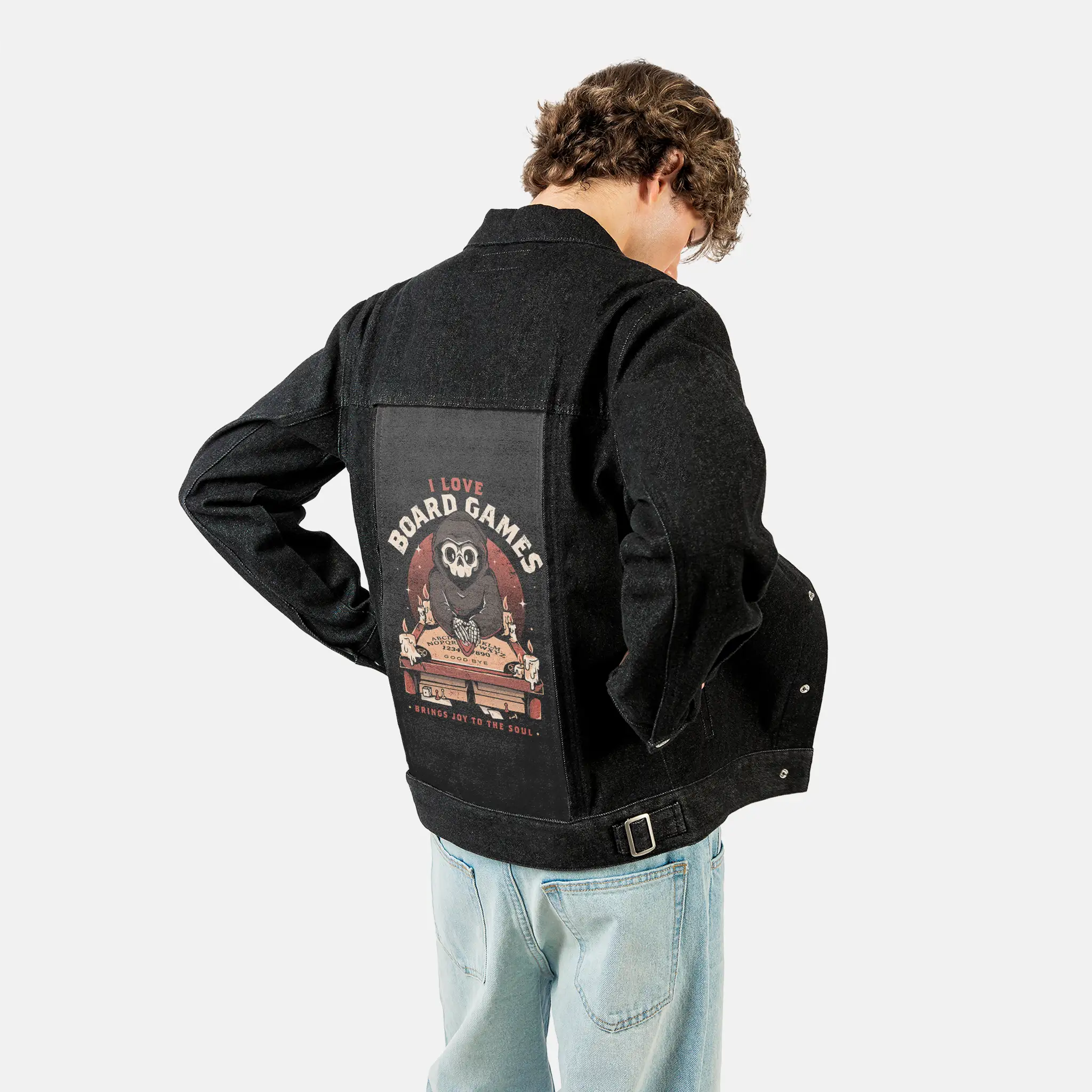 iloveboardgames patch on male og denim jacket in raven