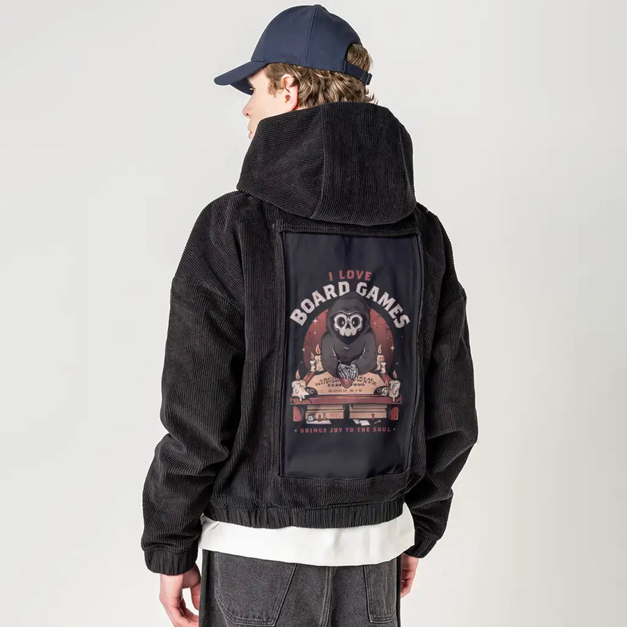 iloveboardgames patch on male retro cord hoodie in onyx