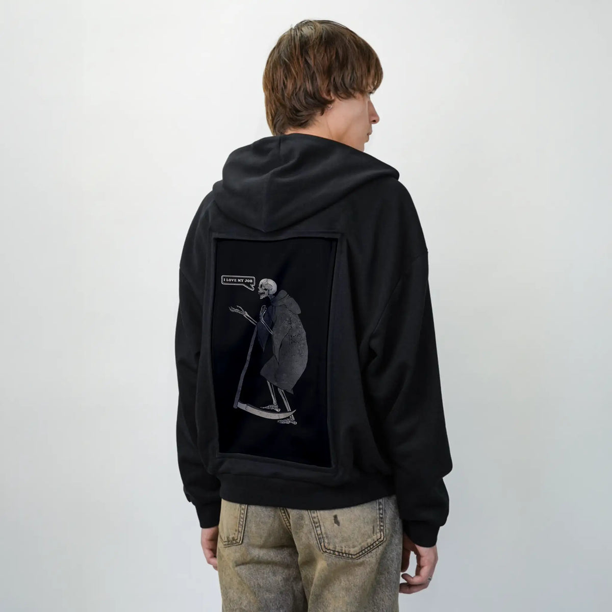 ilovemyjob patch on male essential zip hoodie in after hours