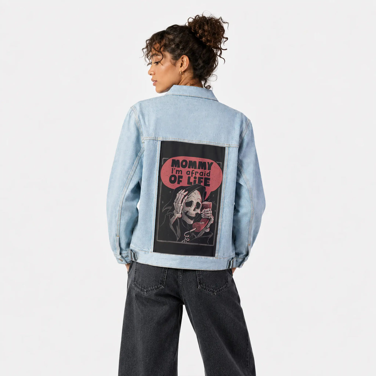 imafraidoflife patch on female og denim jacket in oceanside