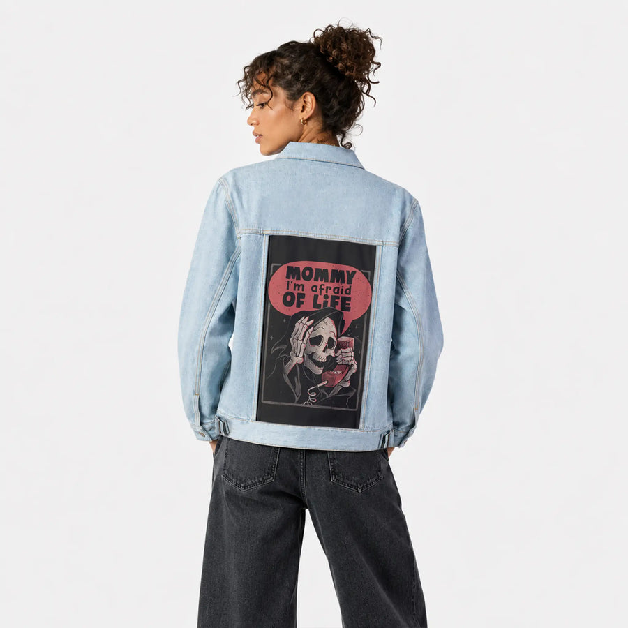 imafraidoflife patch on female og denim jacket in oceanside